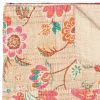 50" X 70" Beige Pink Orange and Green Cotton Kantha Floral Throw Throw Blanket with Embroidery