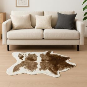 4' X 5' Brown And White Faux Fur Animal Print Washable Area Rug