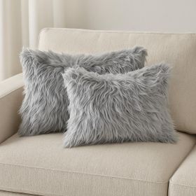 Set of Two 12" X 20" Gray Faux Fur Throw Pillows