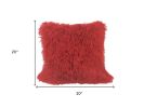 20" Red Genuine Tibetan Lamb Fur Pillow With Microsuede Backing