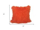 24" Orange Genuine Tibetan Lamb Fur Pillow With Microsuede Backing