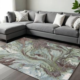 7' X 10' Green And Brown Abstract Area Rug