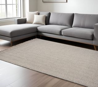 8' X 10' Beige And Gray Wool Chevron Hand Woven Area Rug With Fringe