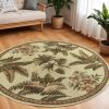 8' Ivory Green And Brown Wool Tropical Botanical Hand Tufted Round Rug