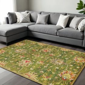 8' X 11' Green Red And Ivory Wool Floral Medallion Hand Tufted Area Rug