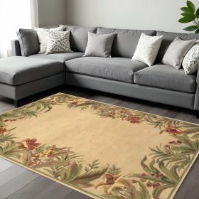 8' X 10' Beige Red And Green Wool Tropical Floral Hand Tufted Area Rug