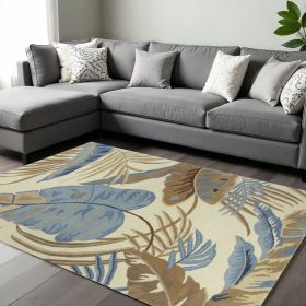 8' X 11' Ivory Blue And Brown Wool Tropical Botanical Hand Tufted Area Rug