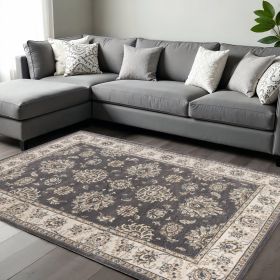 9' X 12' Gray And Ivory Floral Medallion Area Rug