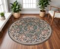 8' Slate Blue Red And Ivory Floral Medallion Round Rug