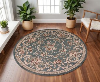 8' Slate Blue Red And Ivory Floral Medallion Round Rug