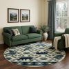 8' Ivory And Blue Woodland Lodge Round Rug