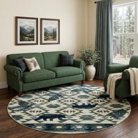 8' Ivory And Blue Woodland Lodge Round Rug