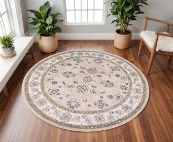 8' Beige And Ivory Floral Medallion Round Rug