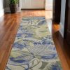 10' Blue Green And Beige Wool Tropical Botanical Hand Tufted Runner Rug