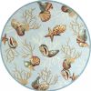 7' Blue Beige And Green Seashell and Coral Hand Hooked Round Rug