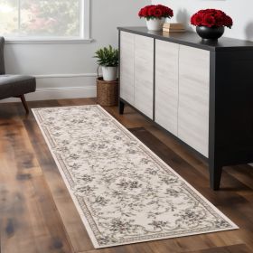 8' Ivory Red And Green Floral Medallion Runner Rug