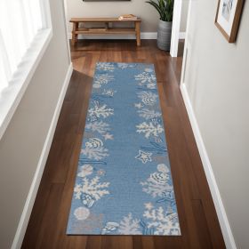 8' Blue Gray And White Fish and Coral Hand Hooked Runner Rug