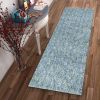 8' Blue And White Abstract Shag Hand Woven Runner Rug