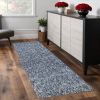 8' Indigo And Ivory Abstract Shag Hand Woven Runner Rug