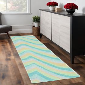 8' Blue Beige And Green Wool Abstract Hand Tufted Runner Rug