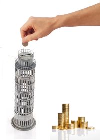 13" Silver Metal Hand Painted Leaning Tower Figurine coin bank