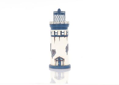 12" Blue And White Metal Hand Painted Light House Figurine