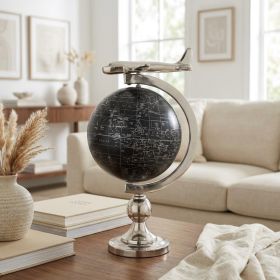 18" Nickel Metal Hand Painted Globe and Airplane Figurine Tabletop Sculpture