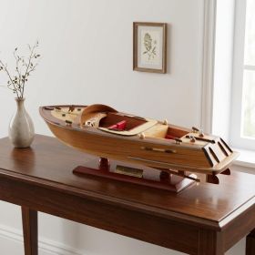 16" Brown Solid Wood Hand Painted Runabout Canoe Model Boat