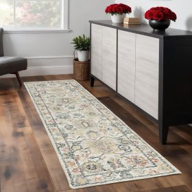 8' Ivory Gray And Red Wool Medallion Hand Tufted Runner Rug