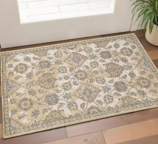 2' X 3' Ivory Beige And Gray Wool Floral Medallion Area Rug