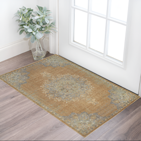 2' X 3' Brown And Gray Wool Medallion Area Rug