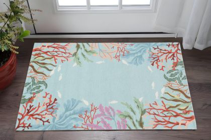 3' X 5' Blue Red And Pink Fish and Coral Hand Hooked Area Rug