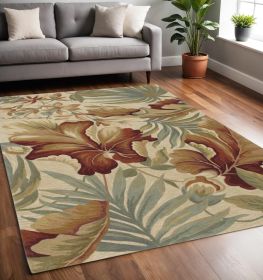5' X 8' Ivory Green And Red Wool Tropical Botanical Hand Tufted Area Rug