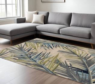 8' X 10' Ivory Blue And Green Wool Tropical Botanical Hand Tufted Area Rug