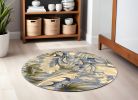 6' Blue Beige And Green Wool Tropical Botanical Hand Tufted Round Rug