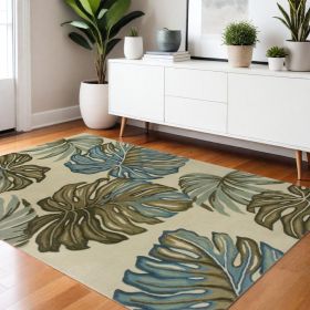 4' X 6' Brown Blue And Green Wool Tropical Botanical Hand Tufted Area Rug