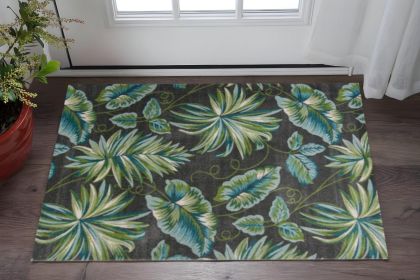 3' X 5' Gray Teal And Green Botanical Leaves Area Rug