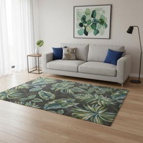 5' X 8' Gray Teal And Green Botanical Leaves Area Rug