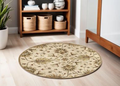 5' Champagne Red And Brown Wool Floral Medallion Hand Tufted Round Rug