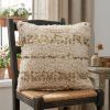 18" Beige And Gold Shaggy Cotton And Sequin Striped Throw Pillow