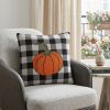 20" Black And White Pumpkin Buffalo Check Throw Pillow