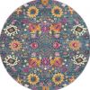 5' Blue And Orange Floral Distressed Round Rug