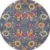 5' Blue And Orange Floral Distressed Round Rug