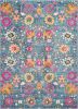 7' X 10' Blue And Orange Floral Distressed Area Rug