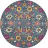 8' Blue And Orange Floral Distressed Round Rug