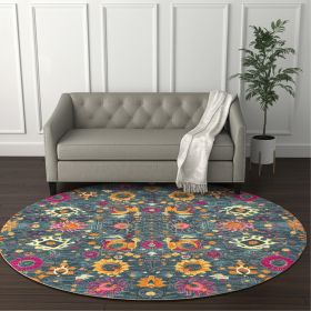 8' Blue And Orange Floral Distressed Round Rug
