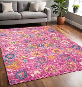 5' X 7' Fuchsia And Orange Floral Distressed Area Rug