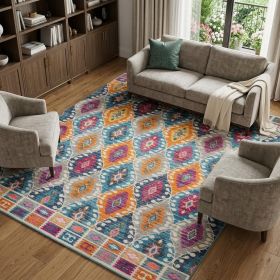 8' X 10' Gray Blue And Orange Ogee Distressed Area Rug