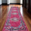 10' Fuchsia And Blue Oriental Distressed Runner Rug