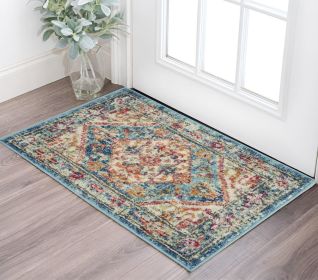 2' X 3' Ivory And Blue Oriental Distressed Area Rug